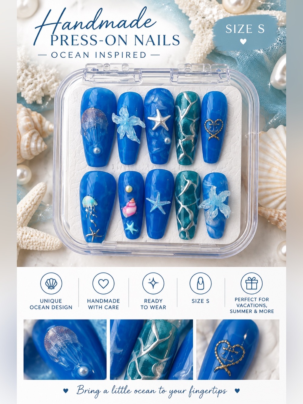 Handmade Blue Ocean-Themed Long Press-On Nail Set - Size S